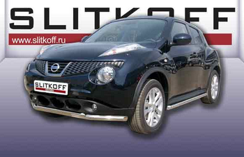 Защита переднего бампера d57+d42 двойная SLITKOFF для Nissan Juke 2WD - ОбвесКарРу VIN: NJ2WD-003. 