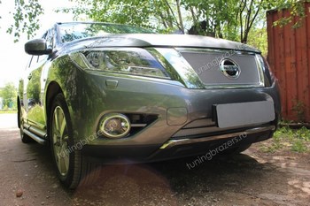 Защитная сетка радиатора ProtectGrille Premium верхняя для Nissan Pathfinder (2014- Хром) - ОбвесКарРу VIN: NPATF14.PREMIUM.top.chrom. 