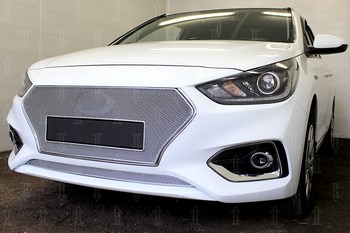 Защитная сетка радиатора ProtectGrille Premium верхняя для Hyundai Solaris (2017-н.в. Хром без логотипа) - ОбвесКарРу VIN: HSOL17.PREMIUM.top2.chrom. 